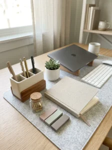 Coordinated office supplies in modern workspace