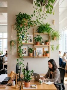 Hanging plants bringing freshness to office wall