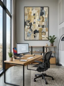 Office decor with statement wall art above desk