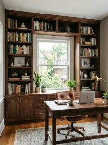 Dark wood shelving home office