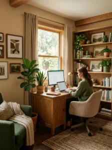Earthy color palette creating calm rustic office