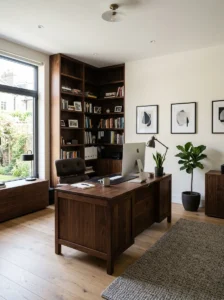 Dark wood office with light walls