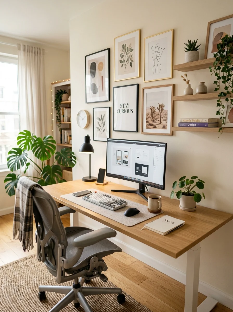 Modern office wall decor with gallery wall, shelves, plants, and clean workspace setup