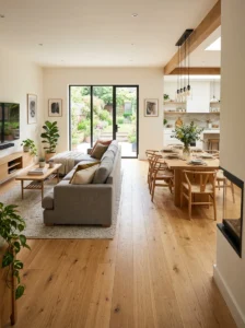 Cohesive flooring connecting living and dining spaces