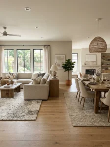 Rugs defining living and dining areas in open concept space