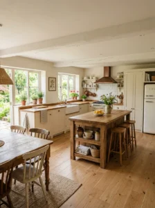 Open layout cottage kitchen with calm and spacious feel