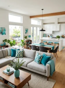Accent color tying together living and dining areas