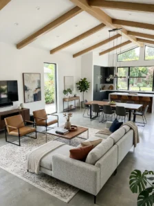 Matching furniture styles in open concept living dining room