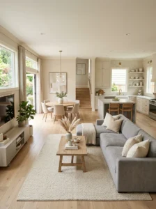 Neutral base colors creating calm open concept space