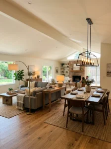 Layered lighting defining zones in open concept room