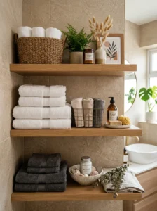 Open shelving creating airy feel in small bathroom