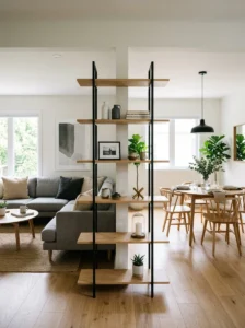 Open shelving acting as divider in open concept room
