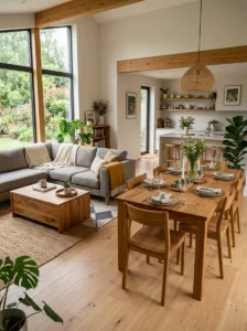 Matching materials connecting living and dining areas