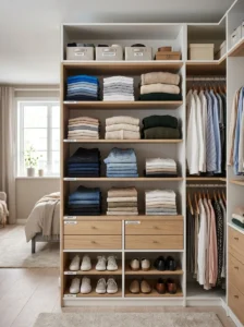 Organized wardrobe making space feel bigger