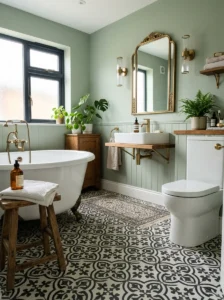 Black and white tile floor bathroom with green painted walls