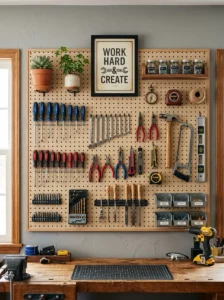 Pegboard wall organizing office supplies stylishly