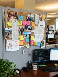Pinboard organizing reminders in office cubicle
