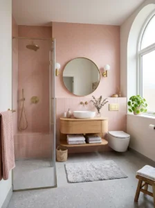 Pink tiles with neutral floor bathroom