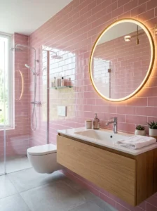 Glossy pink tiles bathroom