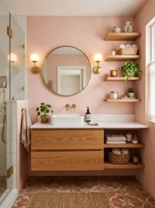 Pink and wood bathroom design