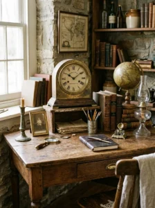 Vintage accessories enhancing rustic workspace
