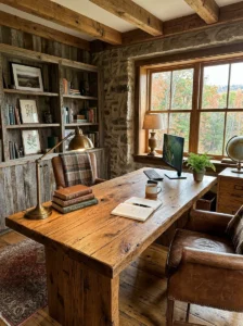 Wooden desk creating base for rustic office decor