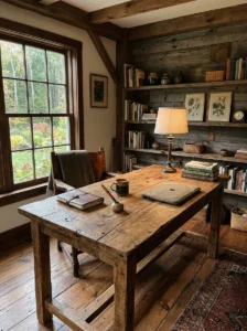 Warm lighting adding cozy feel to rustic office