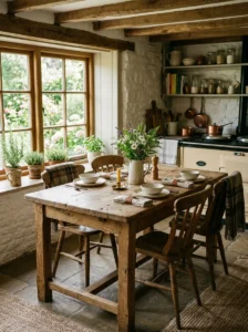 Wooden dining table adding warmth to cottage kitchen