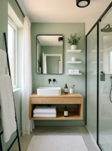 Soft sage green bathroom with black and white accents