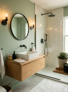 Bathroom with soft green walls and matte black fixtures minimalist design