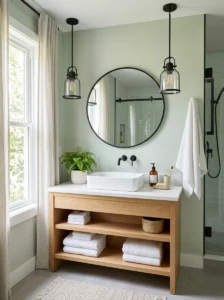 Light sage bathroom with black lighting fixtures