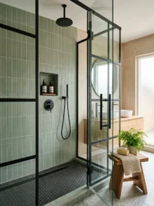 Sage tile shower with black frame and modern bathroom design