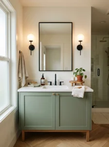 Sage green vanity bathroom with black mirror frame