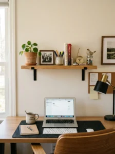Floating shelf adding storage to office wall