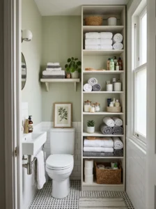 Vertical storage maximizing space in small bathroom