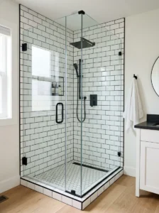 White tile shower with black grout