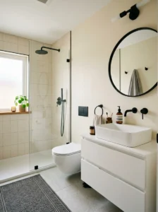 Small black and cream bathroom with balanced modern design