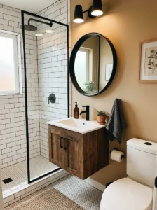 Small black and tan bathroom with balanced modern design