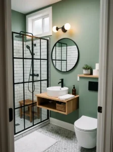 Small sage green bathroom with black accents and modern design