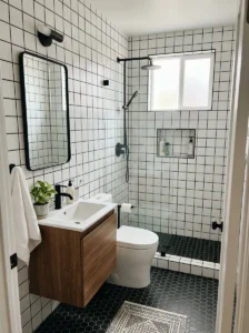 Small bathroom white tile grid black grout