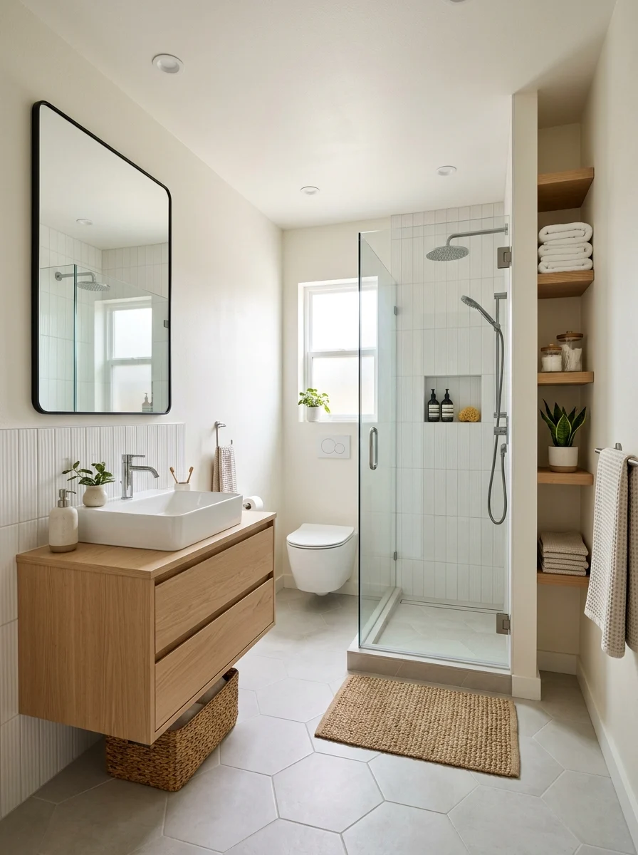 Small bathroom with floating vanity, large mirror, and smart storage maximizing space