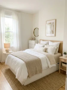 Light neutral colors making small bedroom feel bigger