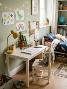 Minimal desk setup in boys bedroom