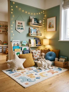 Cozy reading corner in boys bedroom