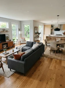 Sofa acting as divider in open concept living dining room