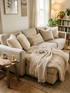 Layered throw blankets on sofa creating a cozy living room