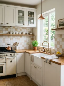 Neutral tiled backsplash adding texture to kitchen