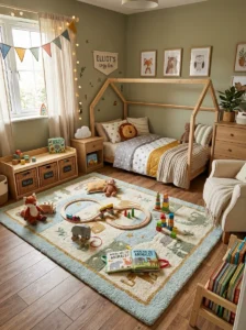 Soft rug providing safe play area in toddler room