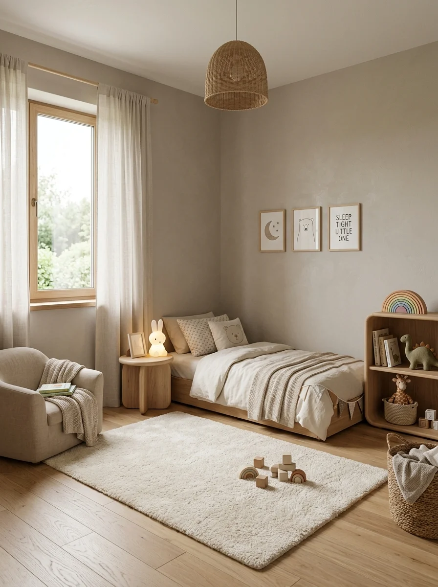 Safe and cozy toddler boy bedroom with neutral tones, floor bed, soft rug, and minimal decor