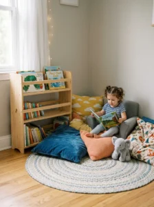 Cozy reading corner in toddler bedroom